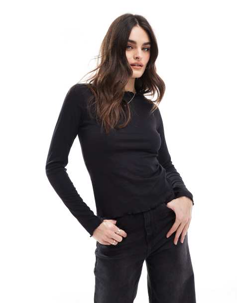 JJXX - T-shirt a maniche lunghe nera con bordi smerlati - view 1