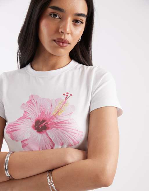 JJXX - T-shirt aderente bianca con stampa di fiore rosa, 3 di 4