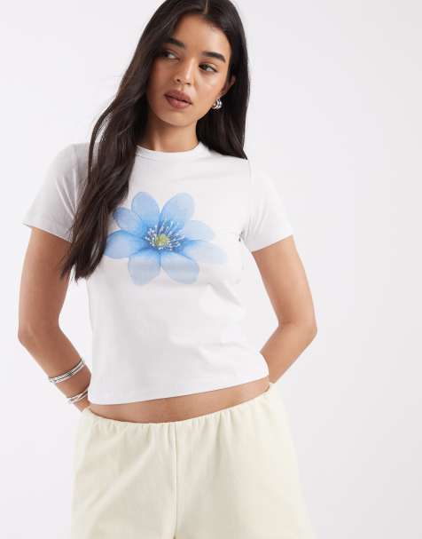 JJXX - T-shirt ajusté à imprimé fleur bleue - Blanc - view 1