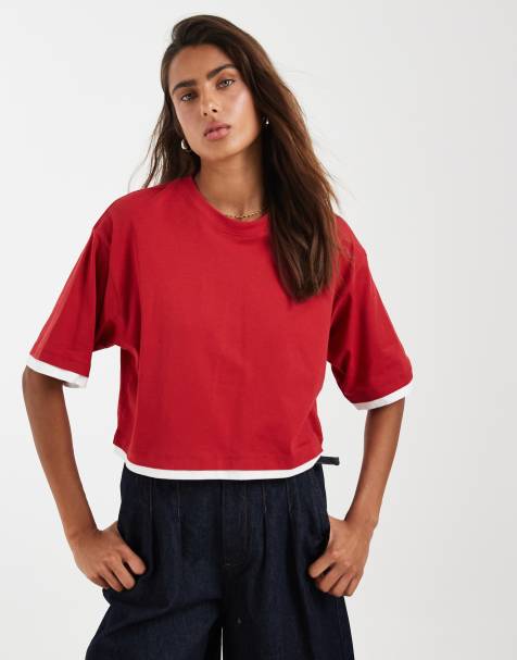 JJXX - T-shirt crop top oversize double épaisseur - Rouge - view 1