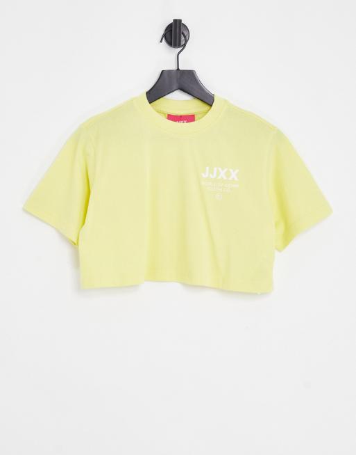 JJXX - T-shirt gialla taglio super corto con scritta