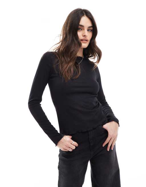 JJXX - T-shirt met lange mouwen en golvende zoom in zwart