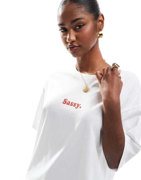 JJXX - T-shirt oversize bianca con scritta "Sassy" - view 1