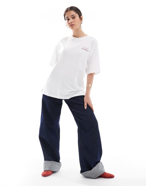 JJXX - T-shirt oversize bianca con stampa di spaghetti sul retro, 2 di 4