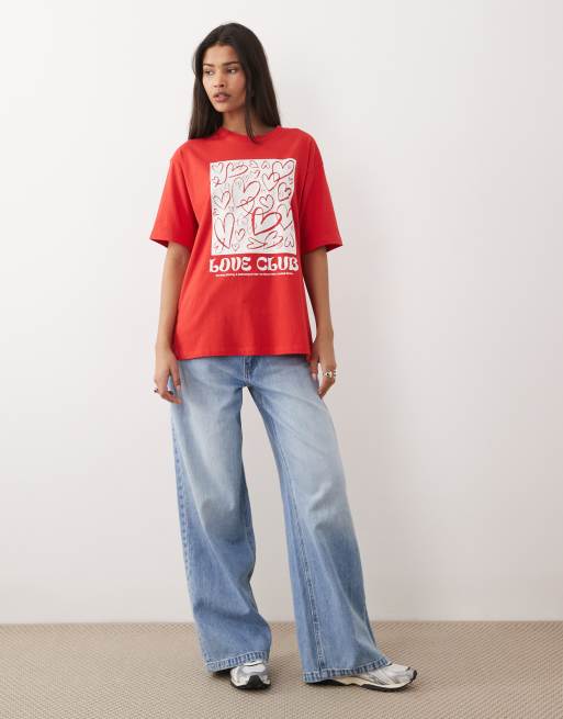 JJXX - T-shirt oversize rossa con stampa di cuori, 2 di 4
