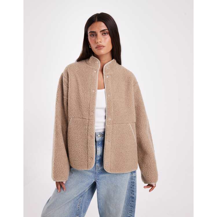 JJXX teddy jacket with high neck in beige | ASOS