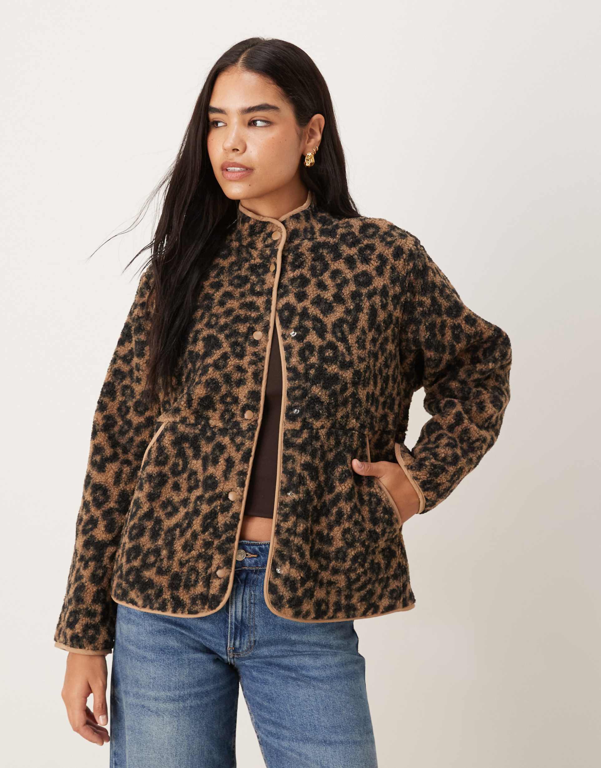 jjxx teddy leopard print jacket in multi