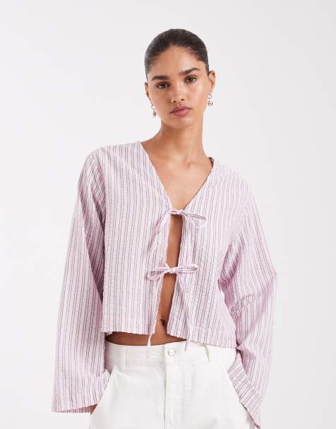 JJXX tie front striped top in pink - view 1