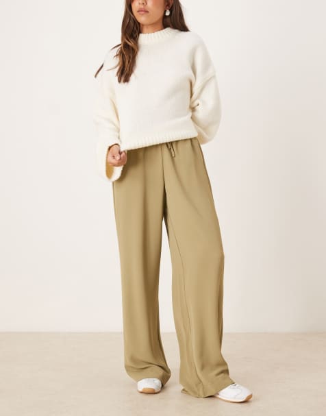 JJXX tie waist wide leg trousers in beige - view 1