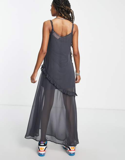 JJXX tiered ruffle mesh maxi cami dress in charcoal, 2 of 4