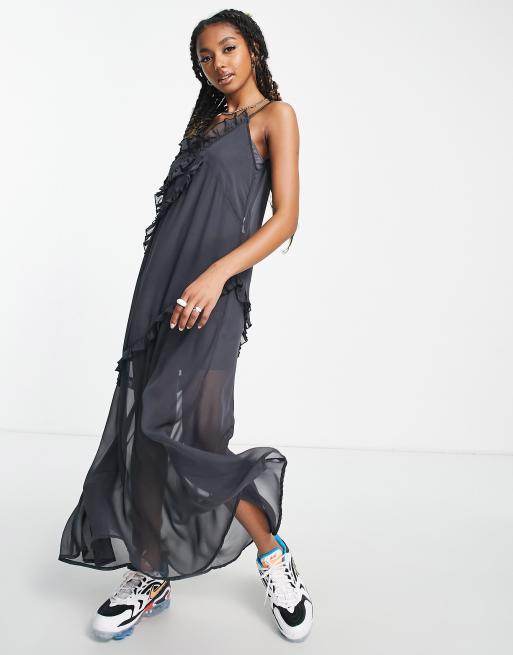 JJXX tiered ruffle mesh maxi cami dress in charcoal