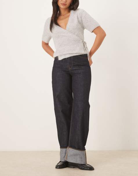 JJXX Tokyo wide leg jeans with fold up detail in dark denim