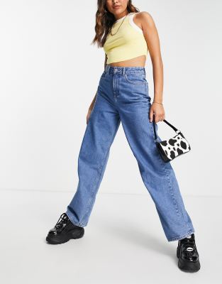 Tokyo high waisted wide leg jeans in mid blue wash-Blues
