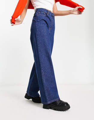 DESIGN - Jeans met wijde pijpen, hoge taille, zakken aan de voorkant in lichtblauw