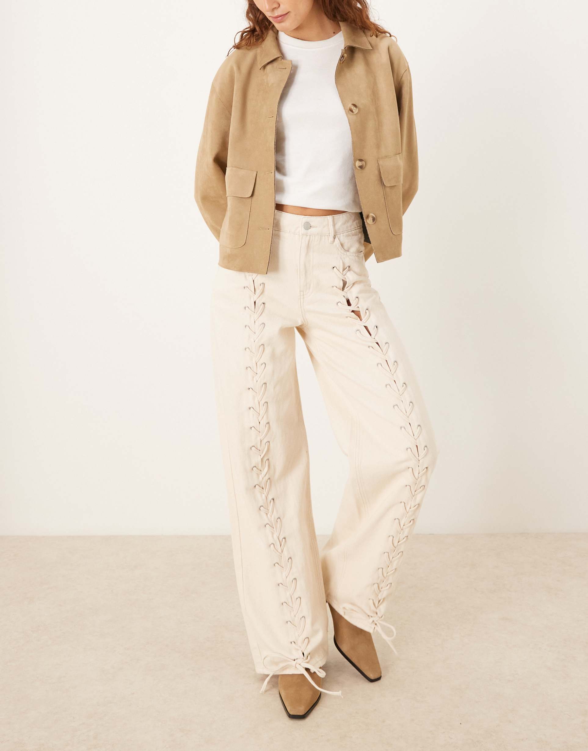 jjxx tokyo lace up detailing jeans in cream