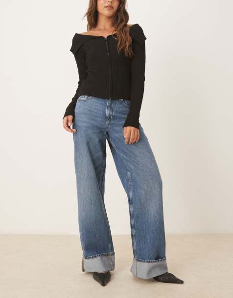 JJXX – Tokyo – Mellanblå, vida jeans med uppvikt fåll - view 1