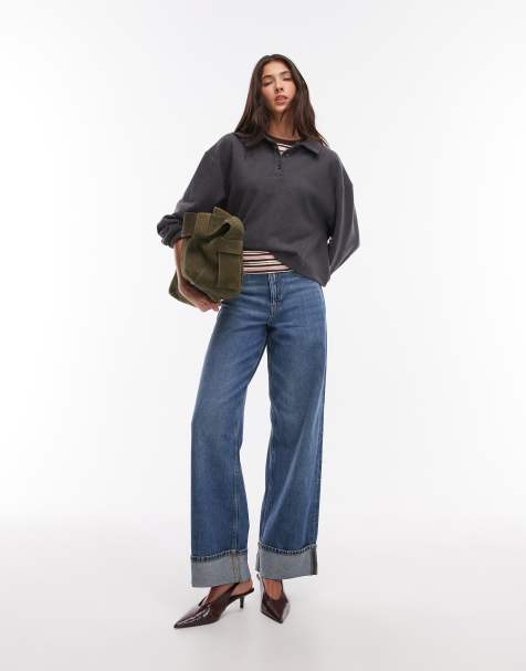 JJXX Tokyo wide fit jeans in medium blue wash with turn ups