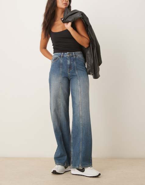 JJXX Tokyo wide leg jeans with seam detail in mid blue