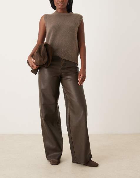 JJXX Tokyo wide leg faux leather trouser in washed brown