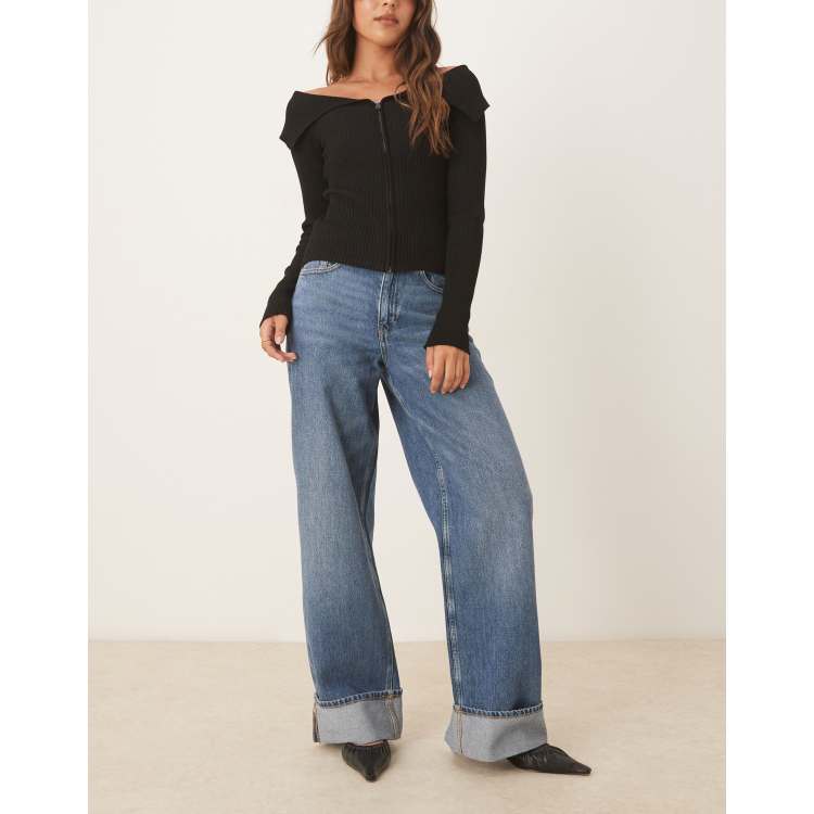 JJXX Tokyo wide fit jeans in medium blue wash with turn ups