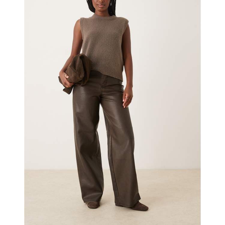 JJXX Tokyo wide leg faux leather pants in washed brown | ASOS