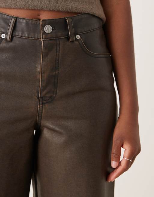 JJXX Tokyo wide leg faux leather pants in washed brown | ASOS