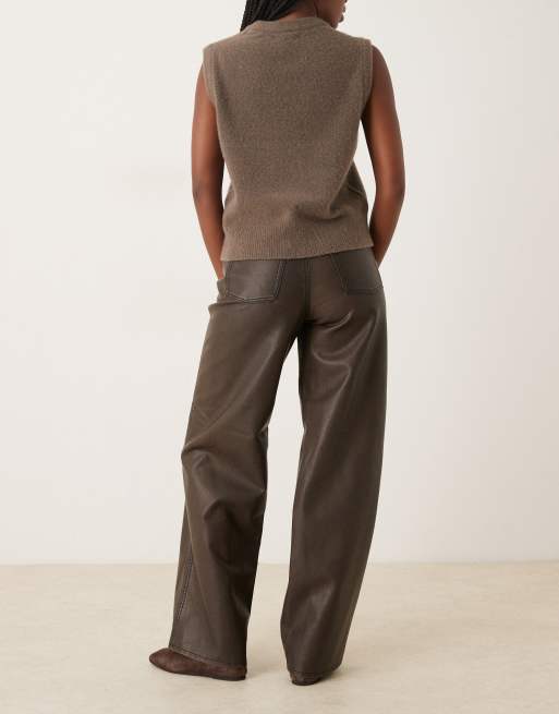 JJXX Tokyo wide leg faux leather pants in washed brown | ASOS