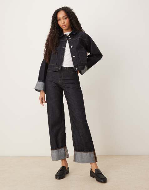 JJXX Tokyo wide leg jeans with fold up detail in dark denim - view 1