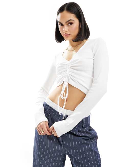 JJXX - Top a maniche lunghe arricciato bianco a coste