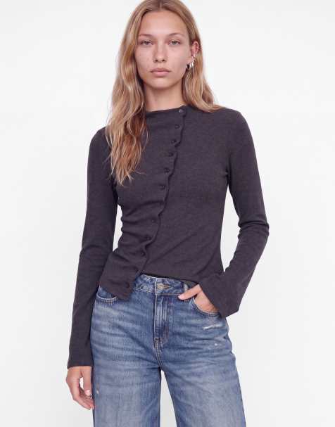 JJXX top a maniche lunghe con girocollo stretch fit in grigio scuro mélange - view 1