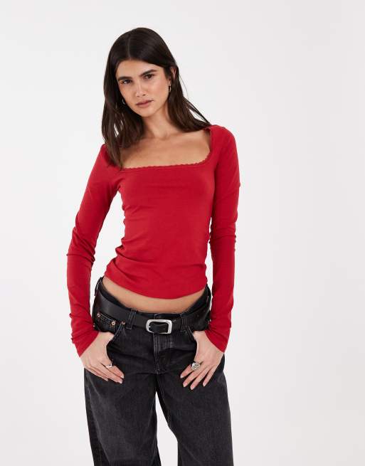 JJXX top a maniche lunghe con scollo quadrato e dettagli in pizzo, rosso