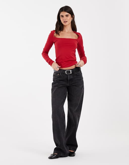 JJXX top a maniche lunghe con scollo quadrato e dettagli in pizzo, rosso, 4 di 4