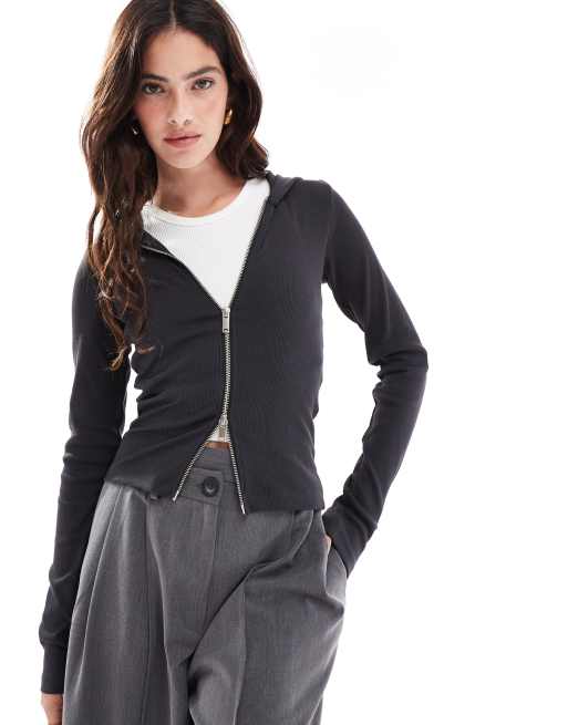 JJXX - Top a maniche lunghe grigio scuro slavato con cappuccio e zip bidirezionale