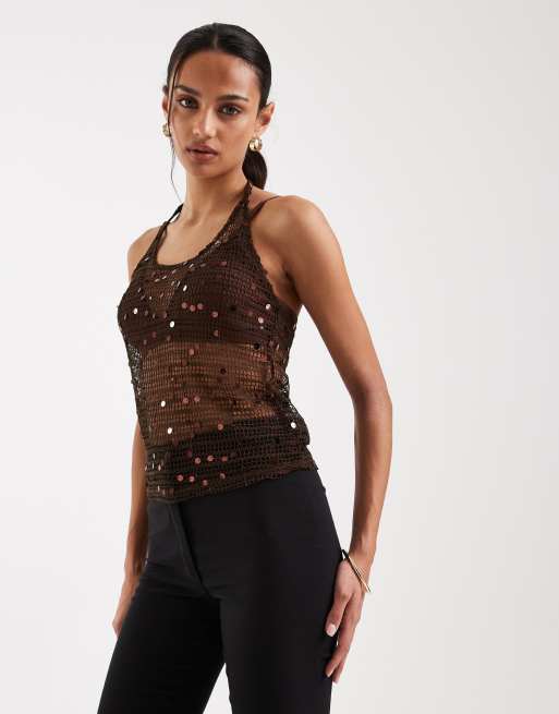 JJXX - Top allacciato al collo all'uncinetto marrone con paillettes, 4 di 4