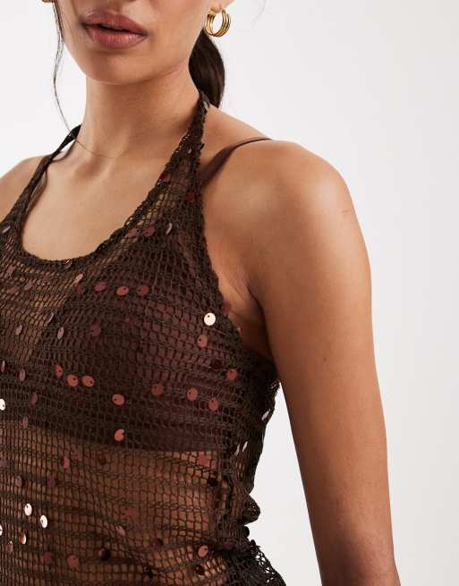 JJXX - Top dos nu en maille au crochet à sequins - Marron, 3 de 4
