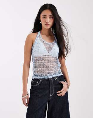 Top dos nu en maille crochetée ornée de sequins - Bleu 40-42