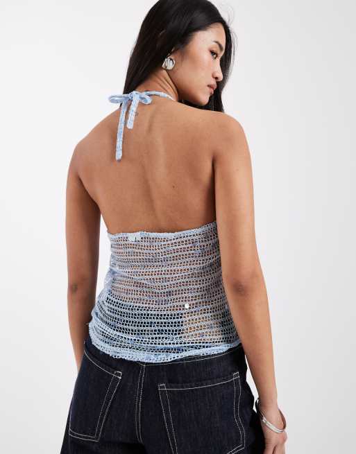 JJXX - Top dos nu en maille crochetée ornée de sequins - Bleu, 3 de 4