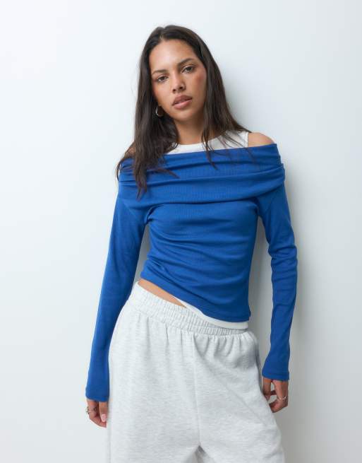 JJXX top in maglia a doppio strato con spalle scoperte blu, 4 di 5