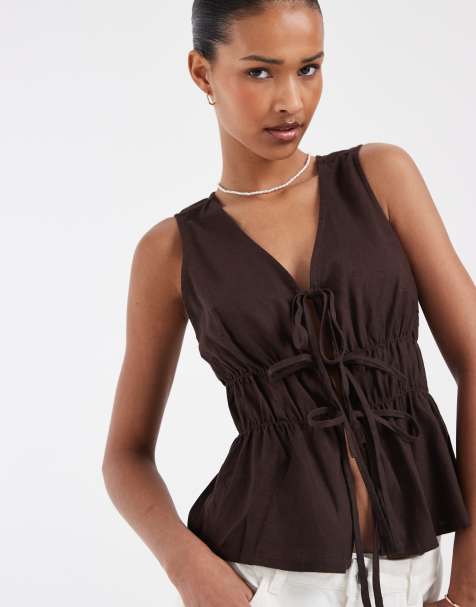 JJXX - Top in misto lino marrone allacciato sul davanti - view 1