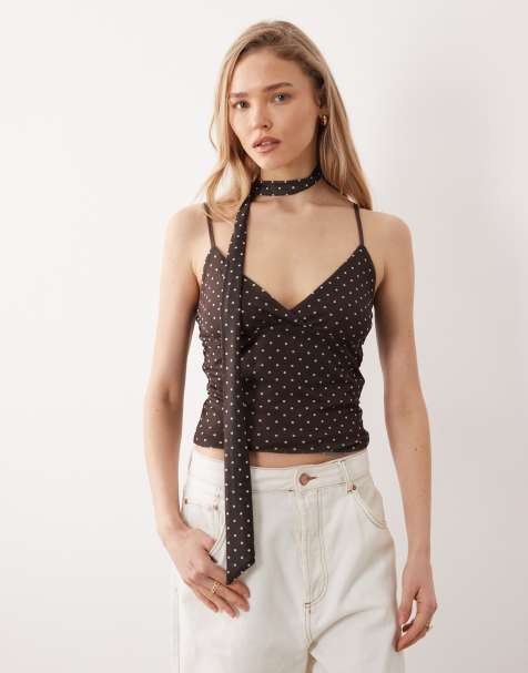 JJXX - Top in rete marrone a pois con spalline sottili e sciarpa - view 1