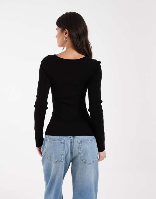 JJXX top lavorato a maglia con scollo quadrato e maniche lunghe nero, 4 di 4