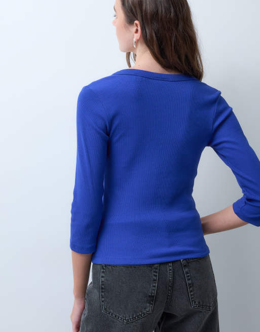 JJXX Top mit V-Ausschnitt, gerippt, mit 3/4-Ärmeln in Blau, 4 von 4
