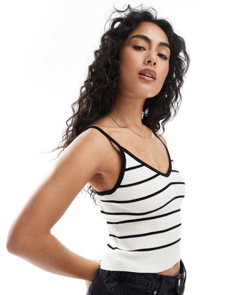 JJXX - Top nero e bianco a righe in maglia a coste con spalline sottili - view 1