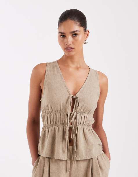 JJXX - Top van linnenmix met gestrikte voorkant in beige, deel van co-ord set - view 1