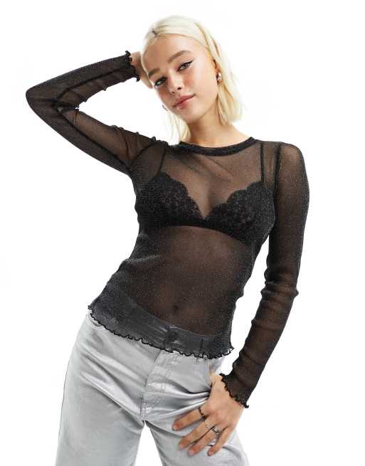 JJXX - Top van mesh met glitter in zwart