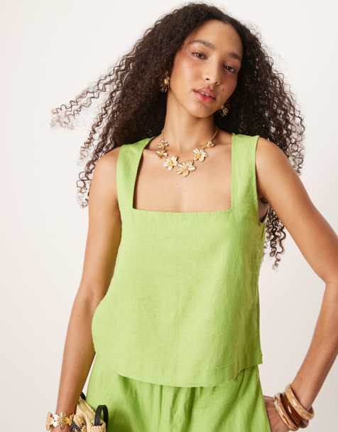 JJXX - Top verde in misto lino con scollo squadrato in coordinato - view 1