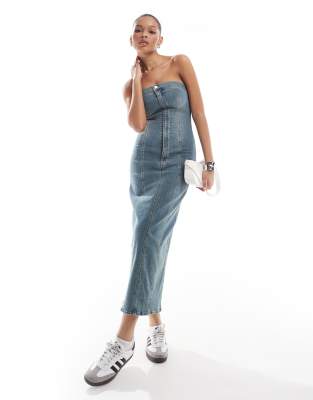 JJXX – Trägerloses Midi-Jeanskleid in Blau mit Vintage-Waschung