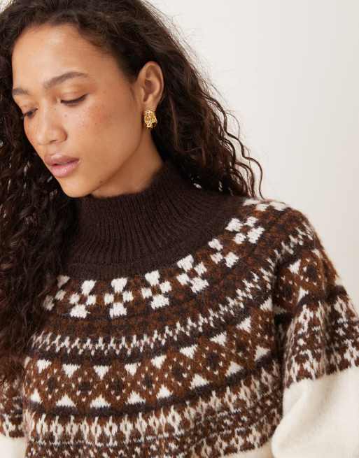 JJXX turtle neck knit sweater with fairisle print in cream | ASOS