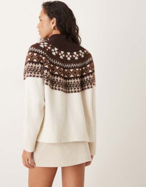 JJXX turtle neck knit sweater with fairisle print in cream, 4 of 4