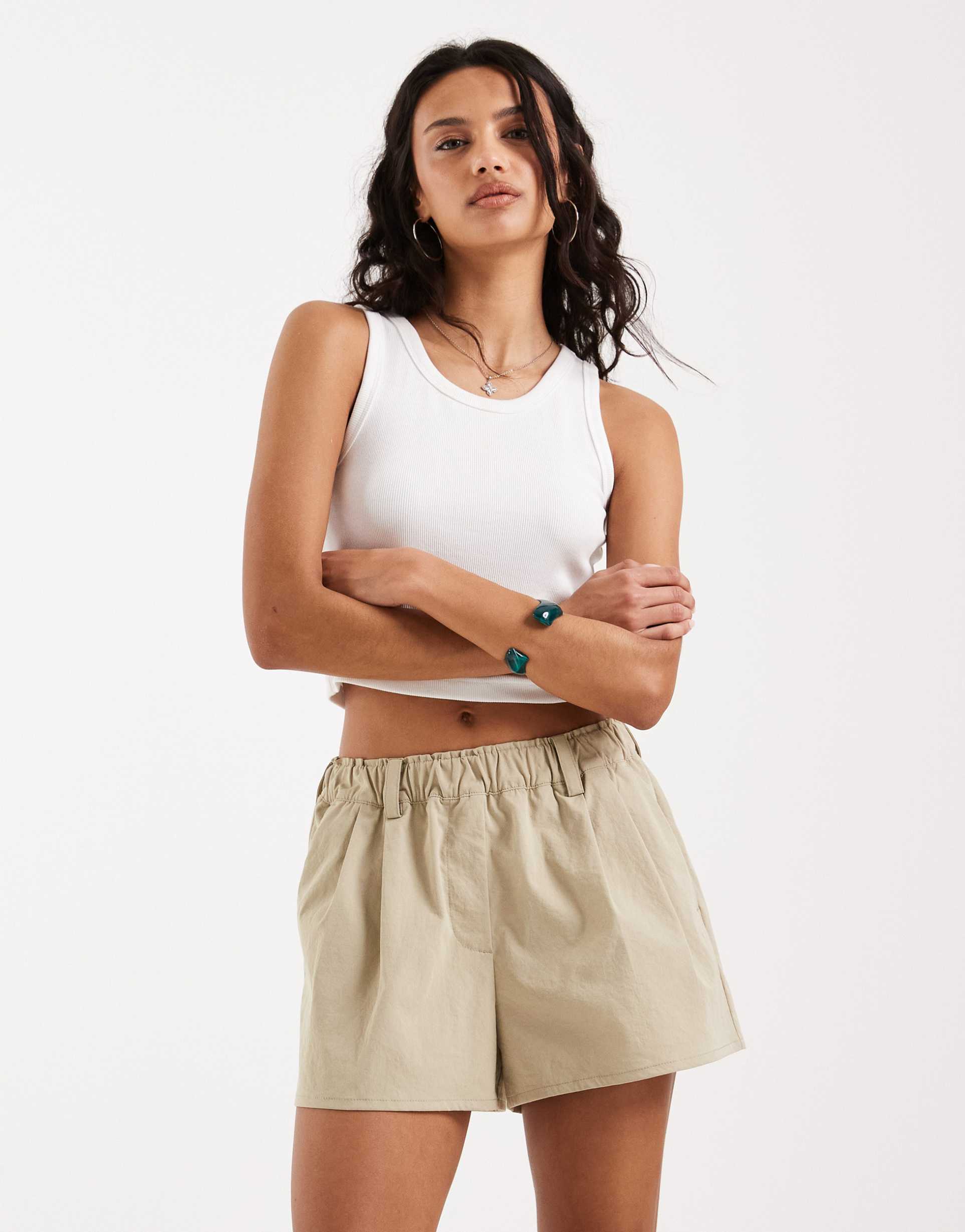 jjxx twill shorts with elastic waist in beige
